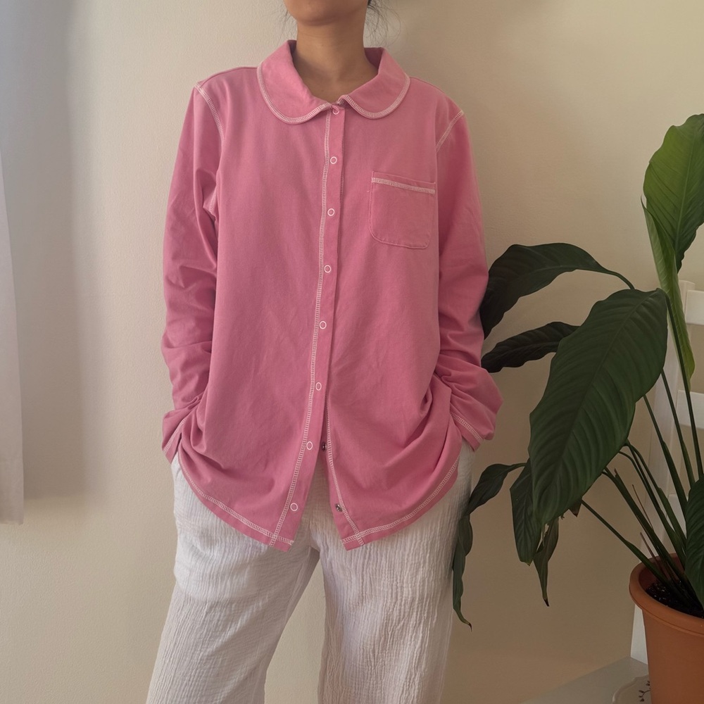 Denim & Company Cotton Pink Pajama Top With Snap Button Collared Size XL - Picture 5 of 11